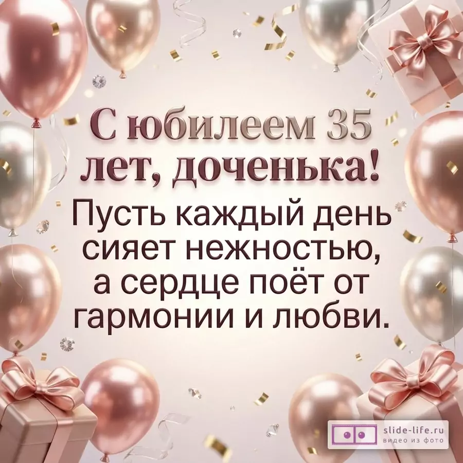 Воздушные шары цвета розового золота и подарочные коробки с бантами вокруг надписи «С юбилеем 35 лет, доченька! Пусть каждый день сияет нежностью, а сердце поёт от гармонии и любви.»