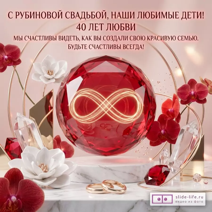 Розовый фон, красный кристалл, белые и красные цветы, золотые кольца. Текст: «С РУБИНОВОЙ СВАДЬБОЙ, НАШИ ЛЮБИМЫЕ ДЕТИ! 40 ЛЕТ ЛЮБВИ. МЫ СЧАСТЛИВЫ ВИДЕТЬ, КАК ВЫ СОЗДАЛИ СВОЮ КРАСИВУЮ СЕМЬЮ. БУДЬТЕ СЧАСТЛИВЫ ВСЕГДА!»