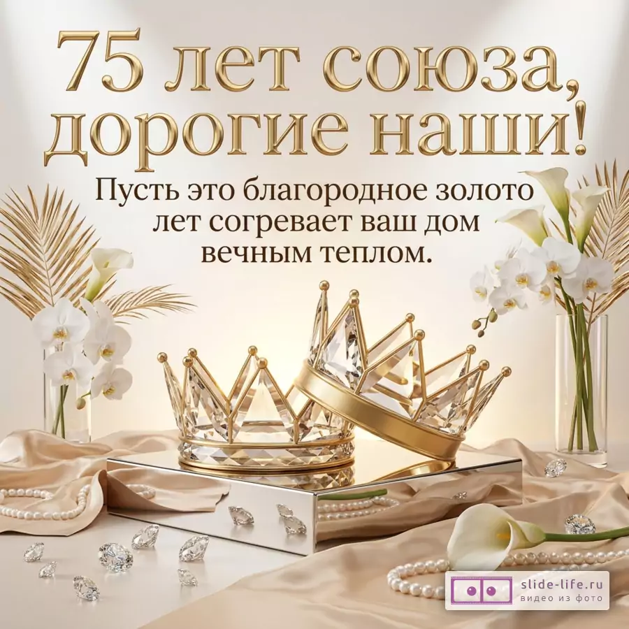 Две хрустальные короны на подиуме с белыми орхидеями и шелком, надпись: «75 лет союза, дорогие родные! Пусть это благородное золото лет согревает ваш дом вечным теплом.»