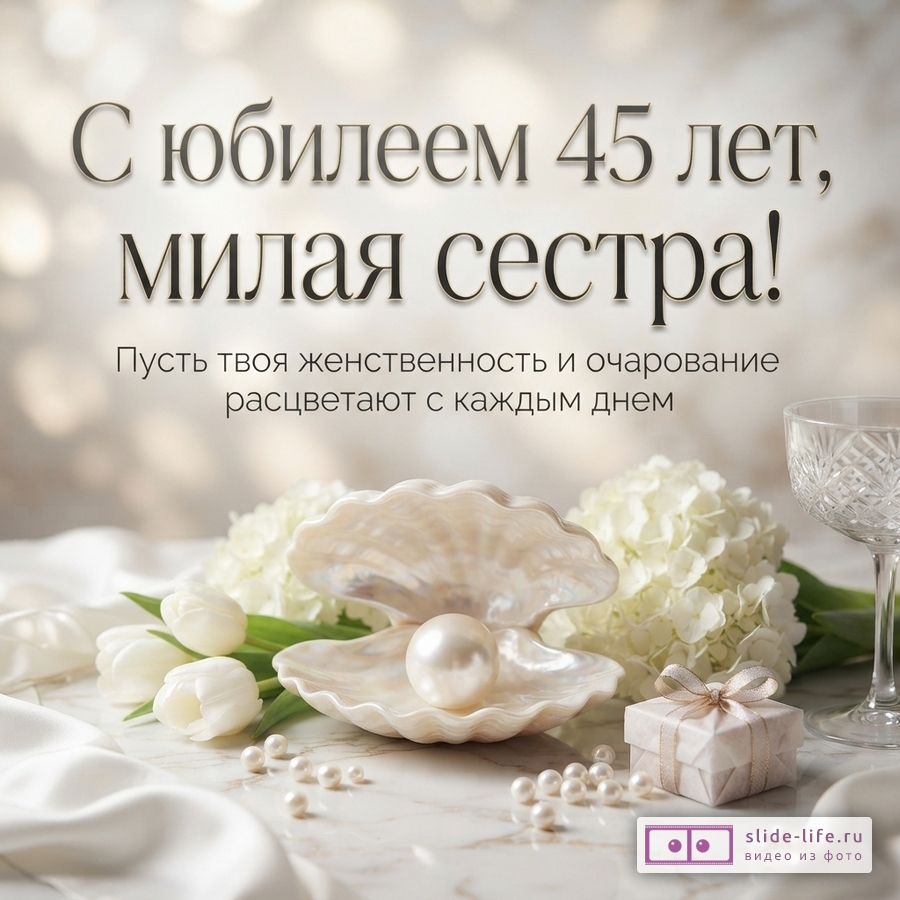 Открытка с жемчужиной в раковине, белыми тюльпанами и гортензией на мраморном фоне. Текст: «С юбилеем 45 лет, милая сестра! Пусть твоя женственность и очарование расцветают с каждым днем»