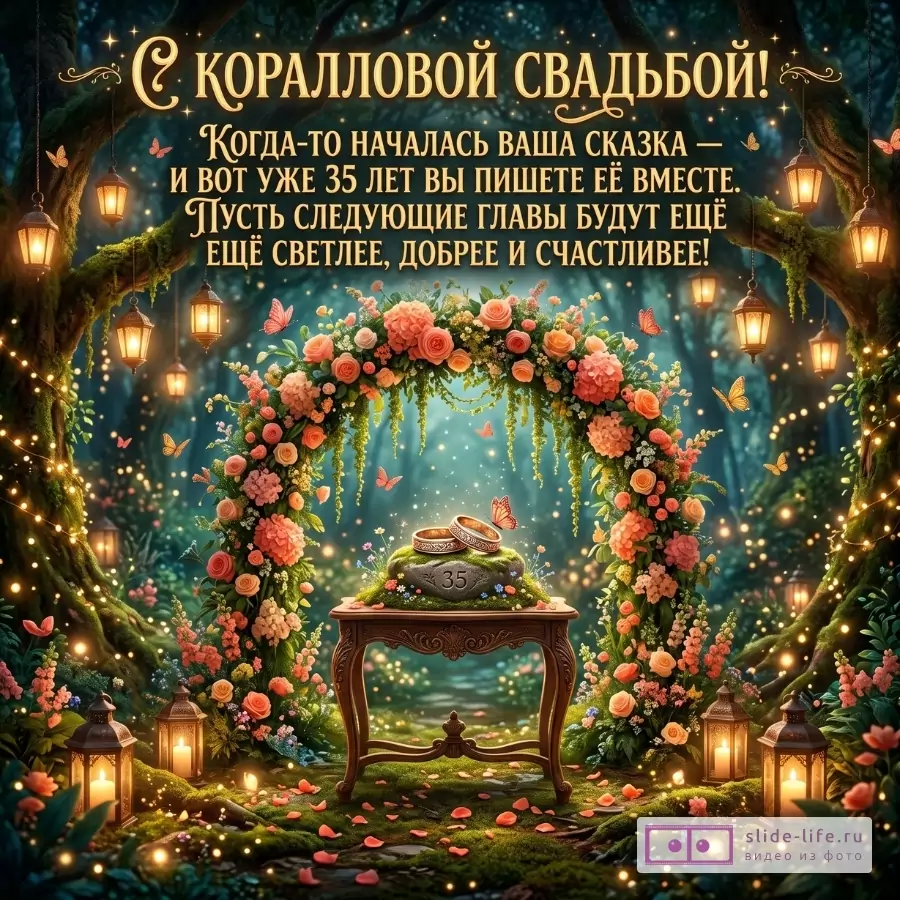 Темно-зеленый сказочный фон, светящиеся фонари, цветочная арка с коралловыми розами, стол с кольцами на камне «35». Текст: «С КОРАЛЛОВОЙ СВАДЬБОЙ!»