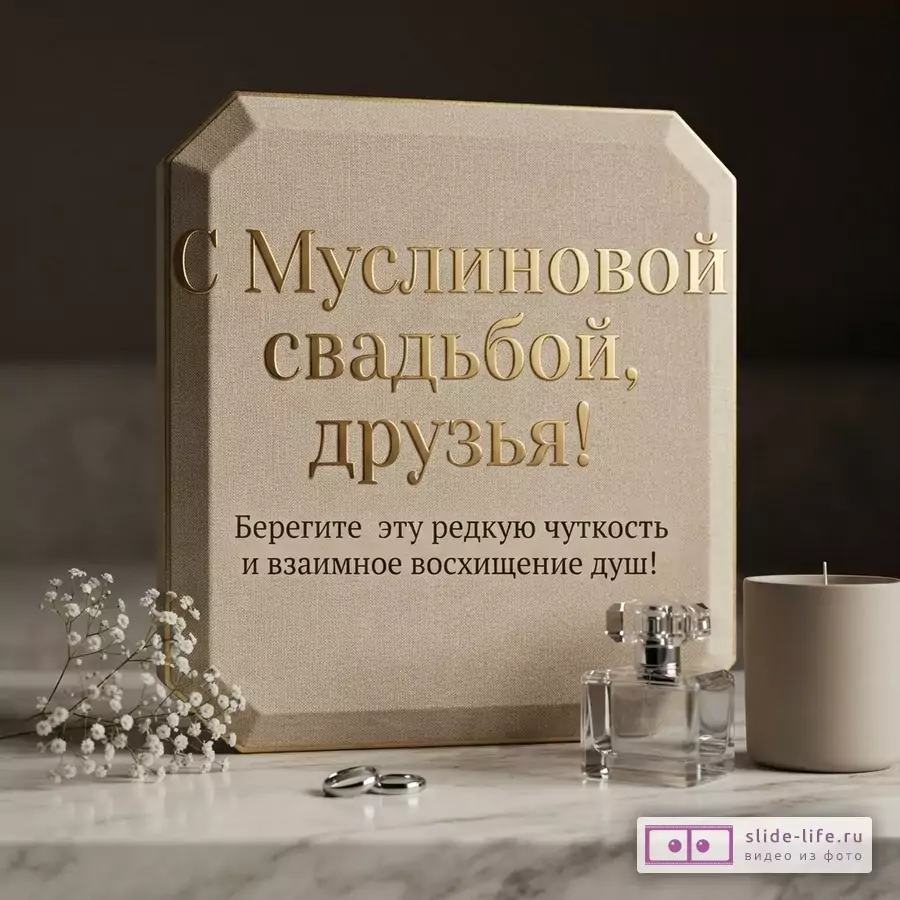 Бежевая открытка с золотым текстом, на переднем плане белые цветы, два кольца, флакон духов и свеча. Текст: «С Муслиновой свадьбой, друзья! Берегите эту редкую чуткость и взаимное восхищение душ!»