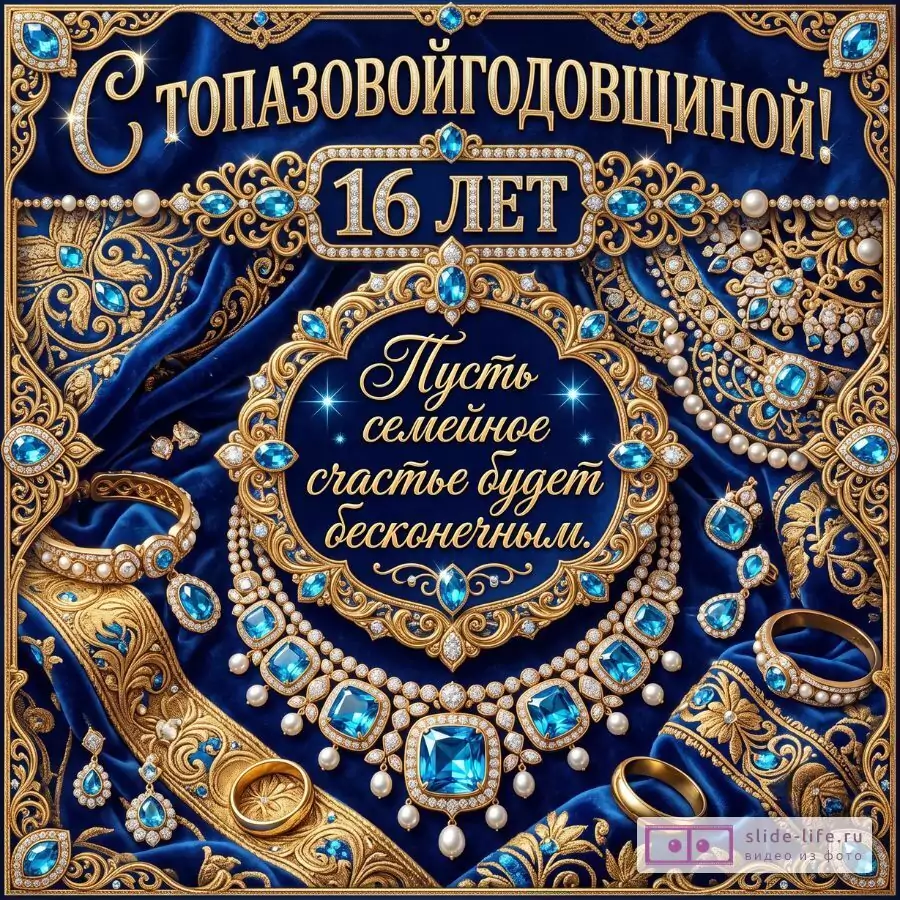 «С топазовой годовщиной! 16 лет. Пусть семейное счастье будет бесконечным.» Синий атласный фон, золотой орнамент, топазы, жемчуг, кольца, браслеты, серьги, ожерелье.