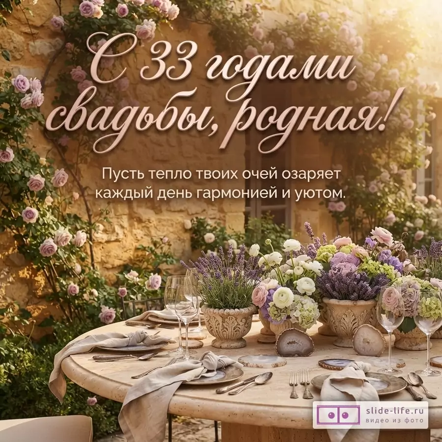 Фон бежевой каменной стены, увитой розовыми розами. На переднем плане круглый стол с сервировкой и цветочными композициями. Текст: «С 33 годами свадьбы, родная! Пусть тепло твоих очей озаряет каждый день гармонией и уютом.»