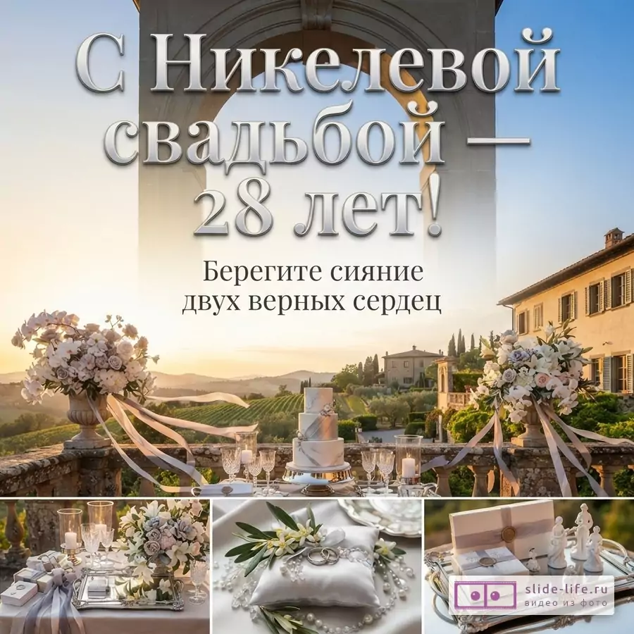 Коллаж с пейзажем Тосканы, свадебным тортом, цветами, подарками и кольцами. Текст: «С Никелевой свадьбой — 28 лет! Берегите сияние двух верных сердец»