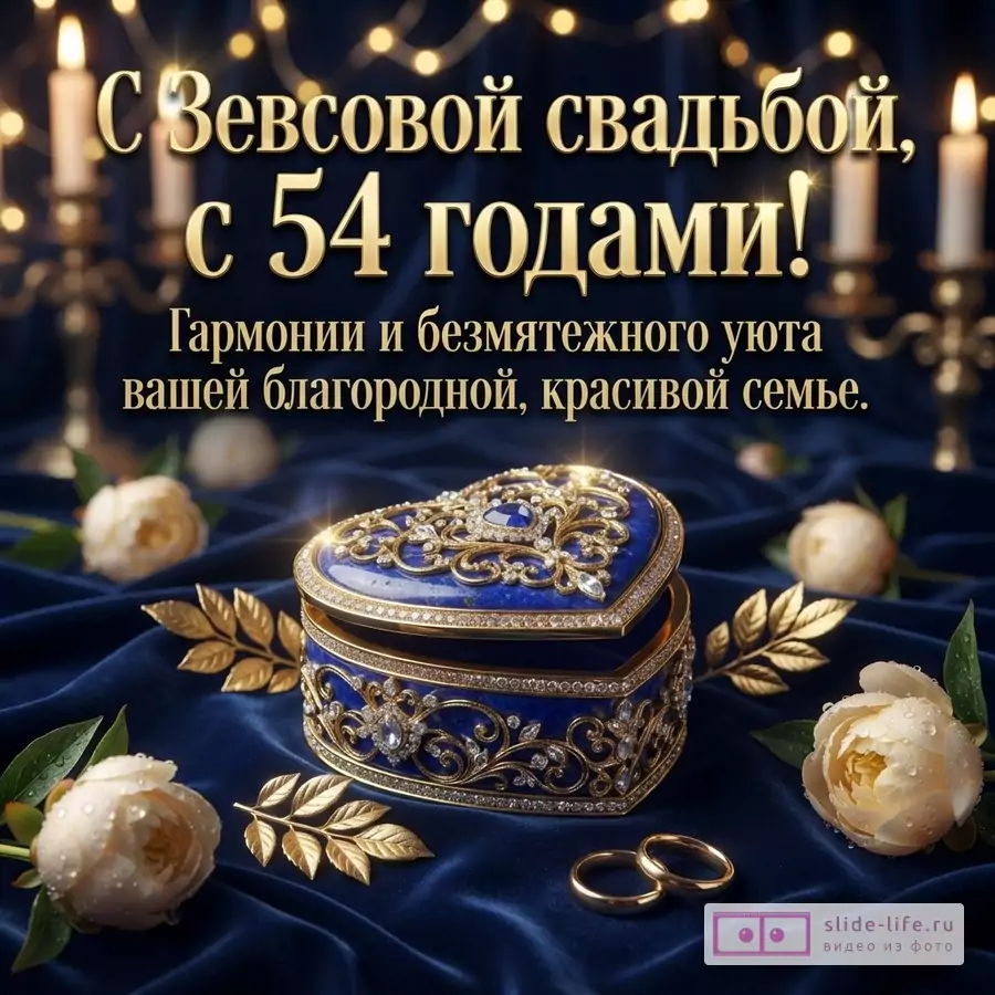 Открытка с синим фоном, свечами, гирляндой, шкатулкой в форме сердца, золотыми листьями, белыми цветами и обручальными кольцами. Текст: «С Зевсовой свадьбой, с 54 годами! Гармонии и безмятежного уюта вашей благородной, красивой семье.»