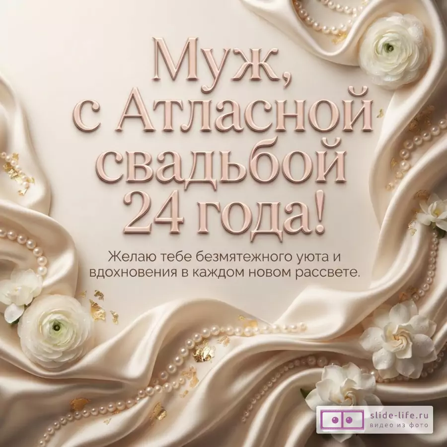 Бежевый атлас с белыми цветами, жемчужными бусами и надписью «Муж, с Атласной свадьбой 24 года! Желаю тебе безмятежного уюта и вдохновения в каждом новом рассвете.»