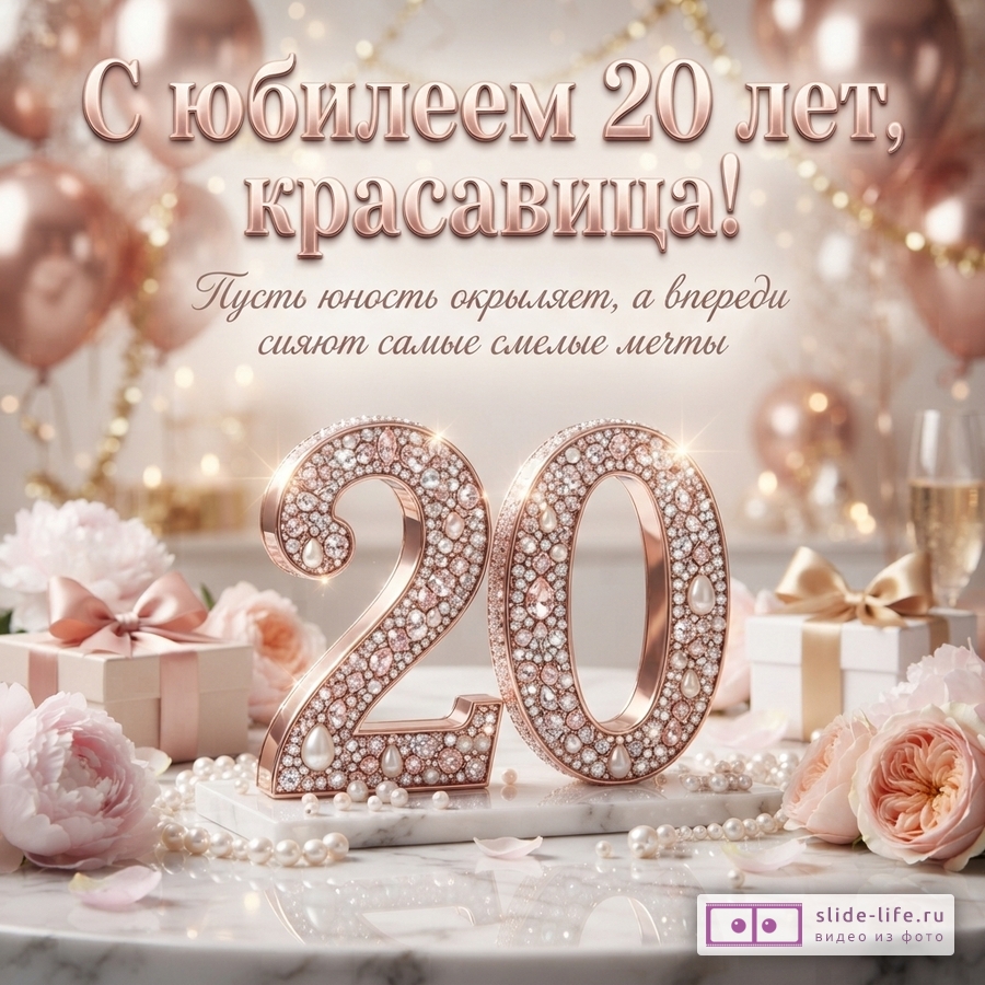 Объемная цифра 20 с инкрустацией стразами, пионы, подарочные коробки и воздушные шары с текстом «С юбилеем 20 лет, красавица! Пусть юность окрыляет, а впереди сияют самые смелые мечты».
