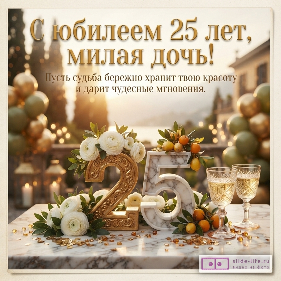 Объемная цифра 25 из золота и мрамора с белыми цветами, бокалы шампанского на террасе и надпись «С юбилеем 25 лет, милая дочь! Пусть судьба бережно хранит твою красоту и дарит чудесные мгновения.»