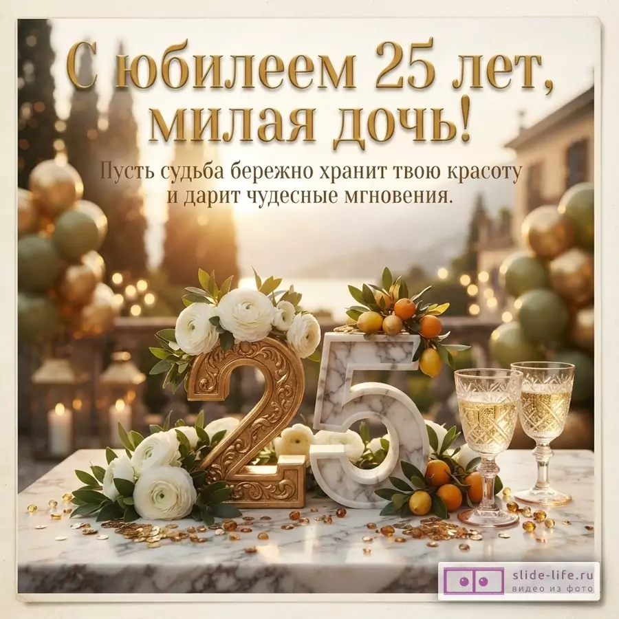 Объемная цифра 25 из золота и мрамора с белыми цветами, бокалы шампанского на террасе и надпись «С юбилеем 25 лет, милая дочь! Пусть судьба бережно хранит твою красоту и дарит чудесные мгновения.»