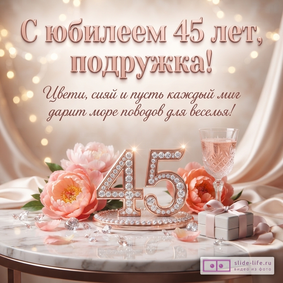 Открытка с бежевым фоном, розовыми пионами, бокалом шампанского и подарочной коробкой. В центре композиции цифры «45» из розового золота, инкрустированные стразами. Текст: «С юбилеем 45 лет, подружка! Цвети, сияй и пусть каждый миг дарит море поводов для веселья!»