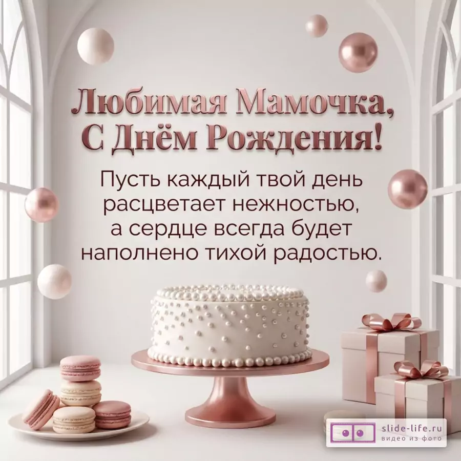 Светлый фон, розовые и белые шары, торт с жемчужным декором, подарочные коробки с лентами, макаруны, текст «Любимая Мамочка, С Днём Рождения!»