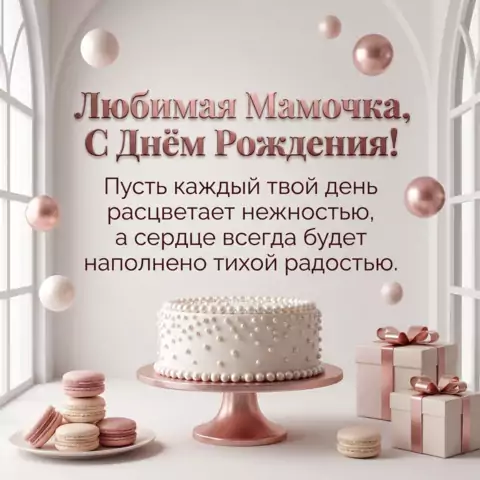 Открытка для любимой мамочки с днем рождения и жемчужным тортом