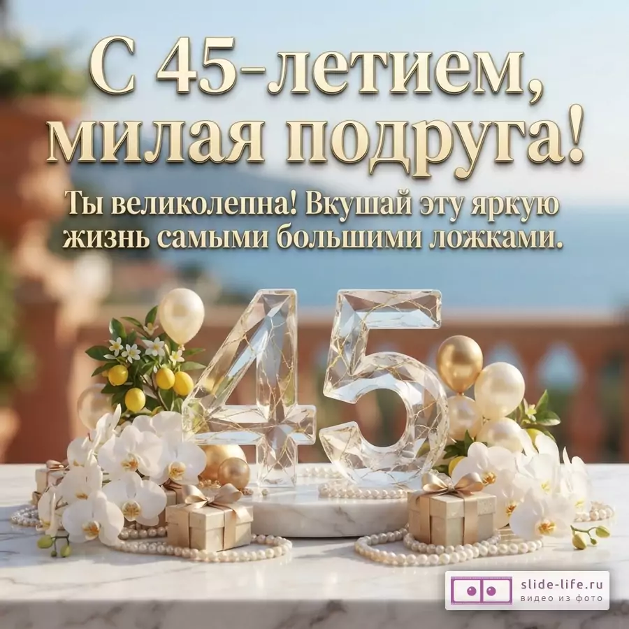 Открытка с золотыми буквами на фоне моря и гор, надпись «С 45-летием, милая подруга! Ты великолепна! Вкушай эту яркую жизнь самыми большими ложками.». Внизу композиция из прозрачных цифр «45», белых орхидей, золотых шаров, лимонов и жемчужных бус.