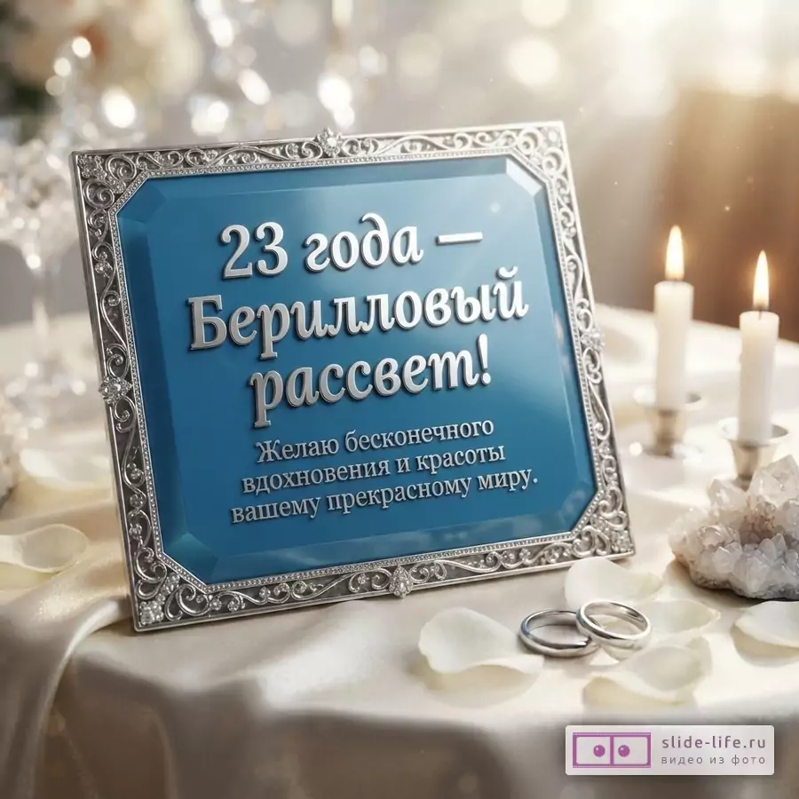 Голубая табличка в серебряной рамке с надписью «23 года — Берилловый рассвет! Желаю бесконечного вдохновения и красоты вашему прекрасному миру.», рядом обручальные кольца, свечи и лепестки.