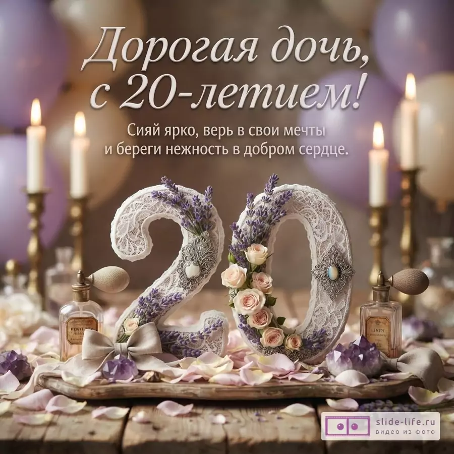Цифра 20 из белого кружева с лавандой и розами, свечи, флаконы духов и надпись: «Дорогая дочь, с 20-летием! Сияй ярко, верь в свои мечты и береги нежность в добром сердце.»