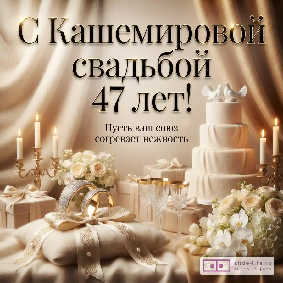 Бежевый фон, свадебный торт, свечи, цветы, обручальные кольца. Текст: «С Кашемировой свадьбой 47 лет! Пусть ваш союз согревает нежность»