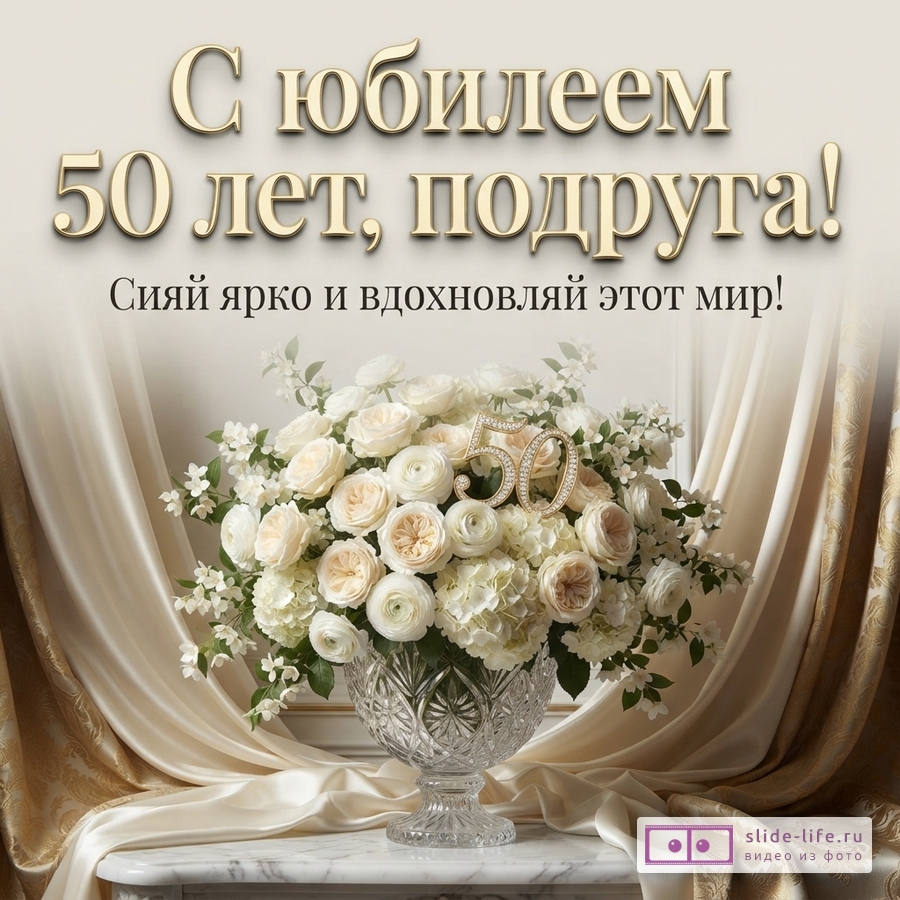 Бежевый фон, золотые буквы, букет белых роз в вазе, золотая цифра «50» в букете, бежевые шторы. Текст: «С юбилеем 50 лет, подруга! Сияй ярко и вдохновляй этот мир!»