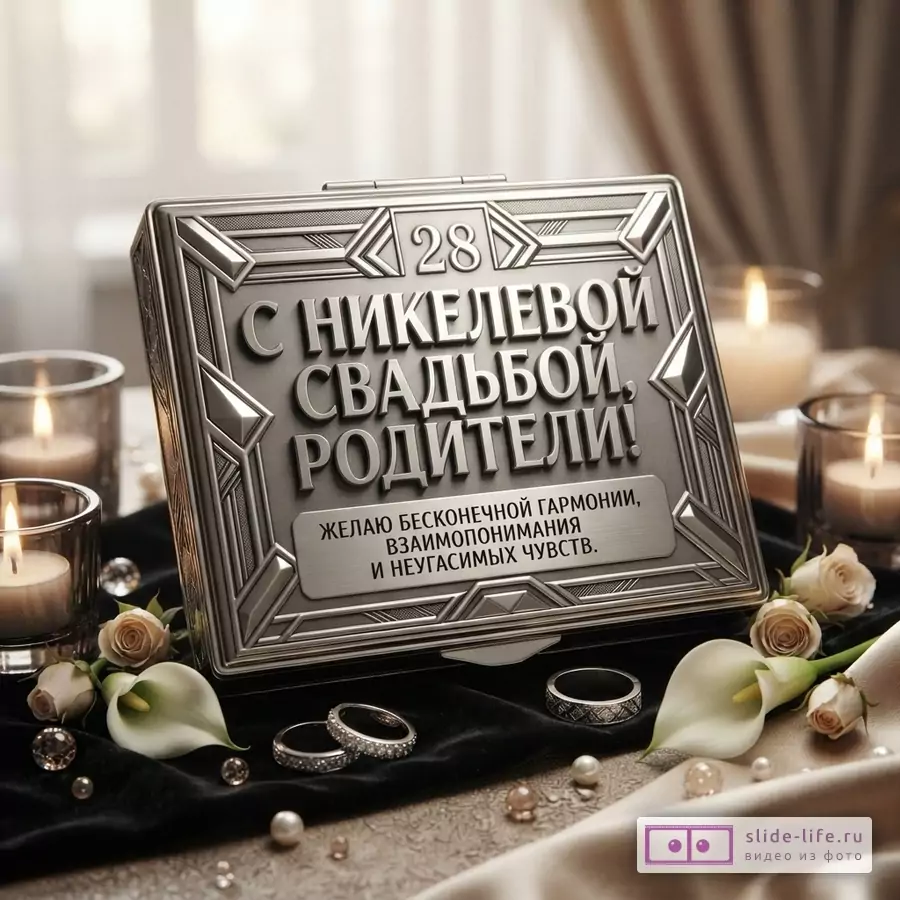 Серебристая шкатулка с надписью «28 С НИКЕЛЕВОЙ СВАДЬБОЙ, РОДИТЕЛИ! ЖЕЛАЮ БЕСКОНЕЧНОЙ ГАРМОНИИ, ВЗАИМОПОНИМАНИЯ И НЕУГАСИМЫХ ЧУВСТВ.». Вокруг шкатулки свечи, белые розы, каллы, кольца и жемчуг.