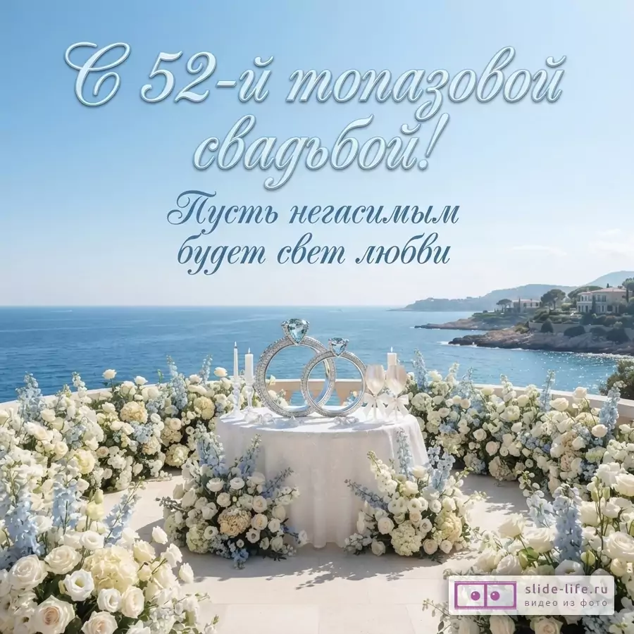 Светло-голубой фон, морской пейзаж, белые цветочные композиции, стол с двумя кольцами и текст «С 52-й топазовой свадьбой! Пусть негасимым будет свет любви»