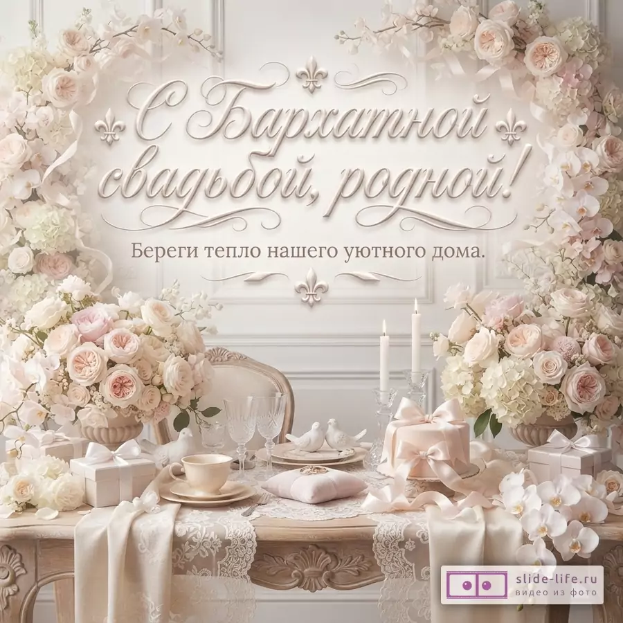 Открытка с белым фоном, украшенная цветочными арками из роз, гортензий и орхидей. На переднем плане сервированный стол с посудой, свечами, подарками и тортом. Текст: «С Бархатной свадьбой, родной! Береги тепло нашего уютного дома.»