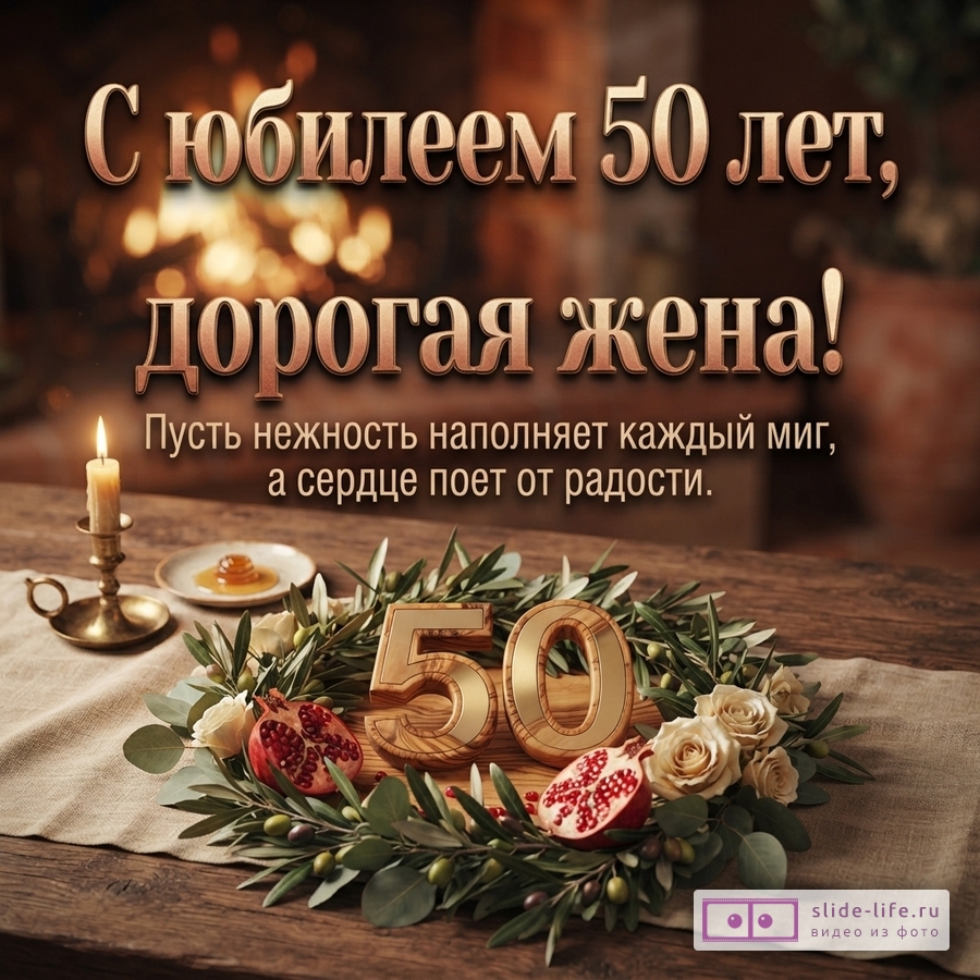 Открытка с юбилеем 50 лет жене. Фон размытый, коричневый. Текст золотистого цвета. Внизу композиция из оливковых веток, роз, гранатов и золотых цифр «50». Слева свеча.
