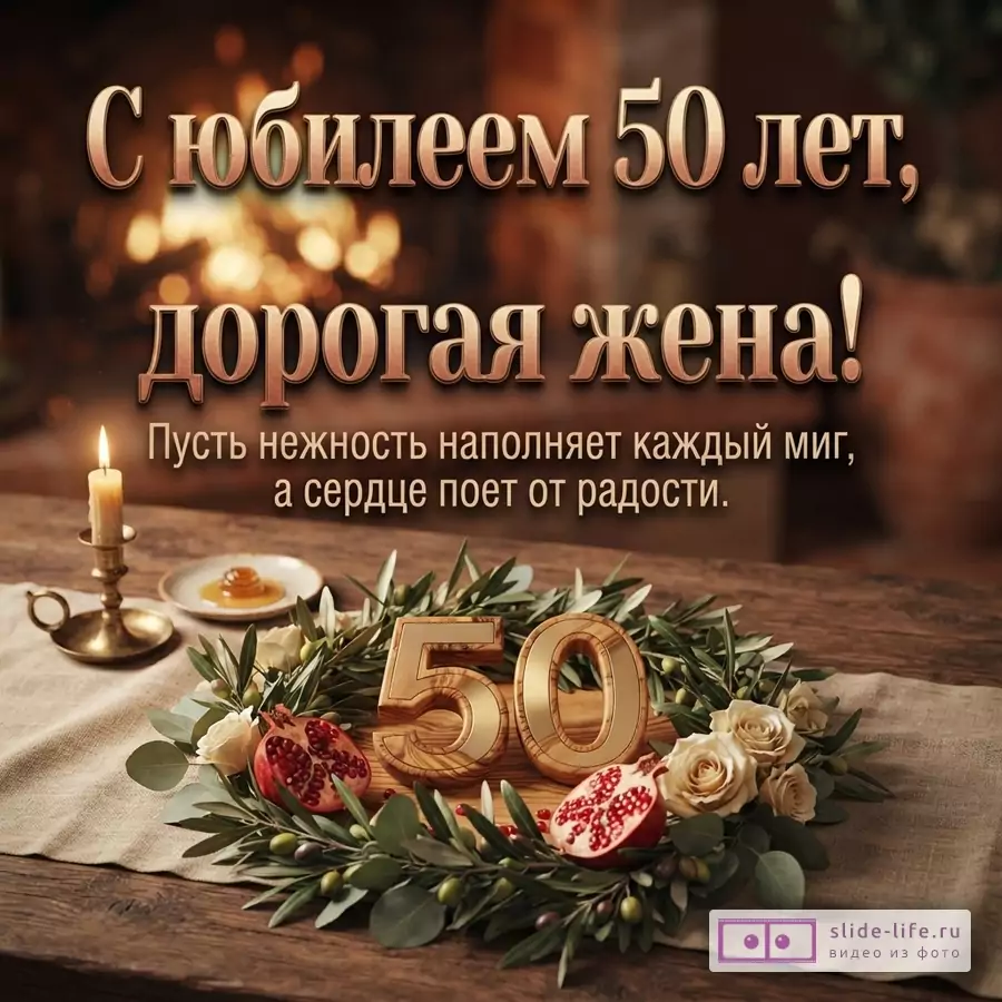 Открытка с юбилеем 50 лет жене. Фон размытый, коричневый. Текст золотистого цвета. Внизу композиция из оливковых веток, роз, гранатов и золотых цифр «50». Слева свеча.