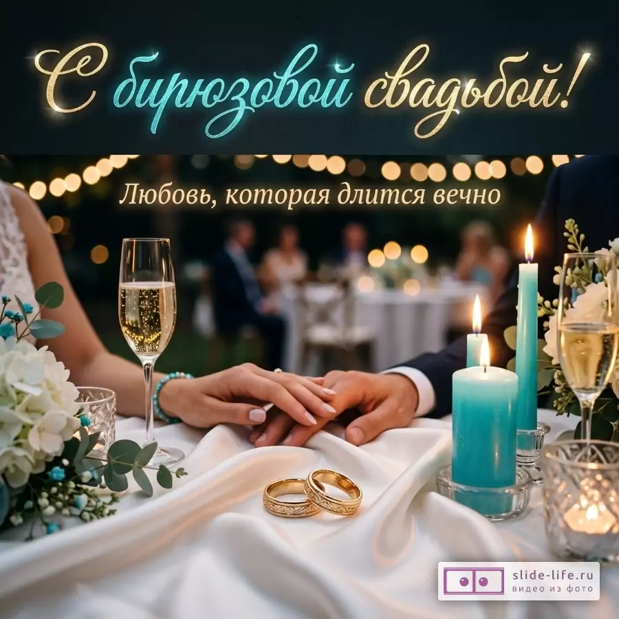 Темный фон с огнями, свадебный стол с белой тканью, золотыми кольцами, бокалами, бирюзовыми свечами, букетом и руками пары. Текст: «С бирюзовой свадьбой! Любовь, которая длится вечно»