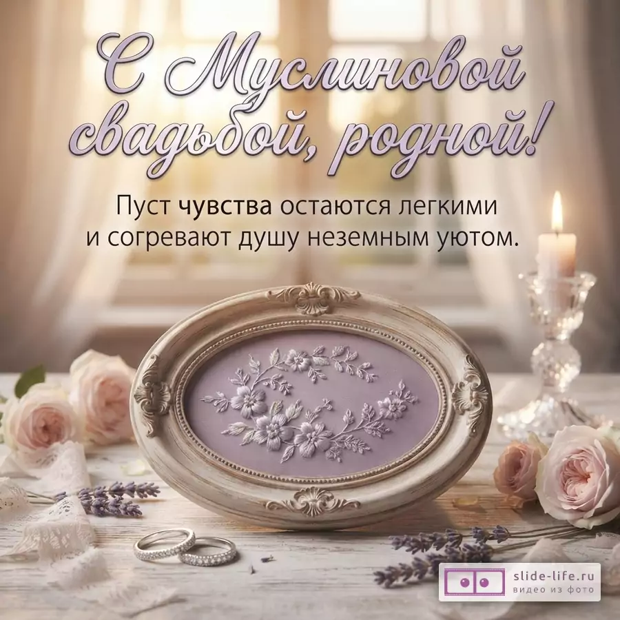 Светлый фон, окно, свеча, розы, лаванда, кружево, кольца. Текст: «С Муслиновой свадьбой, родной! Пуст чувства остаются легкими и согревают душу неземным уютом.»