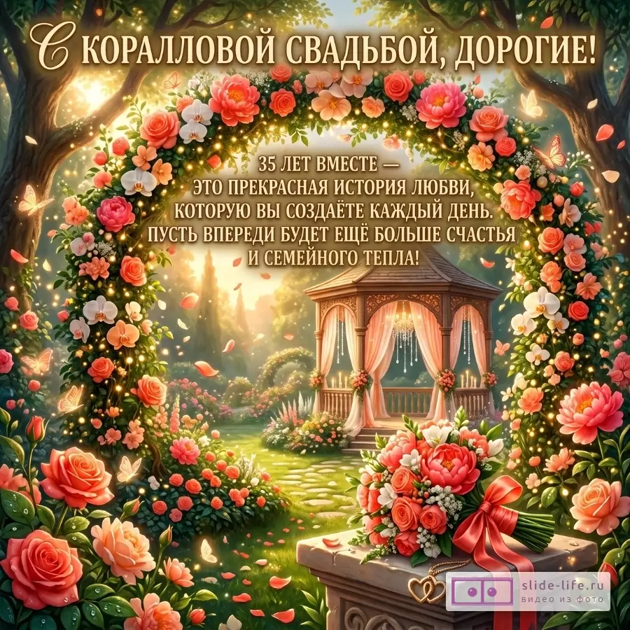 Золотисто-зеленый сад с цветочной аркой, беседкой и букетом с красной лентой. Текст: «С КОРАЛЛОВОЙ СВАДЬБОЙ, ДОРОГИЕ! 35 ЛЕТ ВМЕСТЕ»