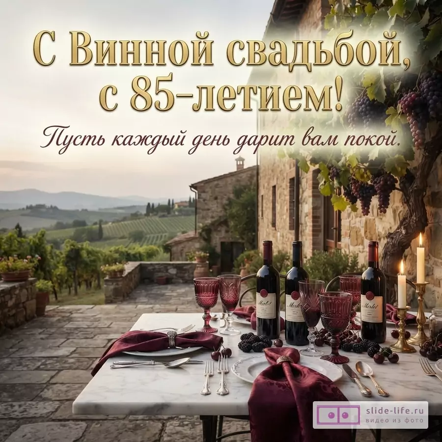 Сервированный стол с вином и бокалами на фоне виноградников и надпись «С Винной свадьбой, с 85-летием! Пусть каждый день дарит вам покой.».