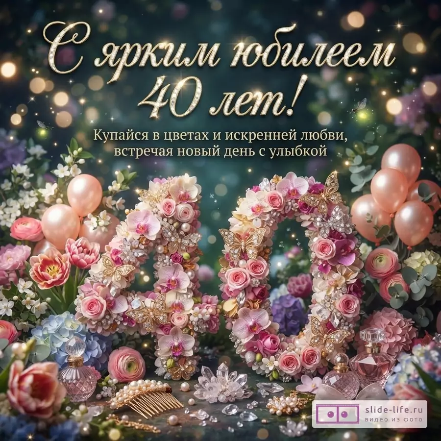 Открытка с темным фоном, золотыми буквами, цветами, бабочками и шарами. Текст: «С ярким юбилеем 40 лет! Купайся в цветах и искренней любви, встречая новый день с улыбкой»