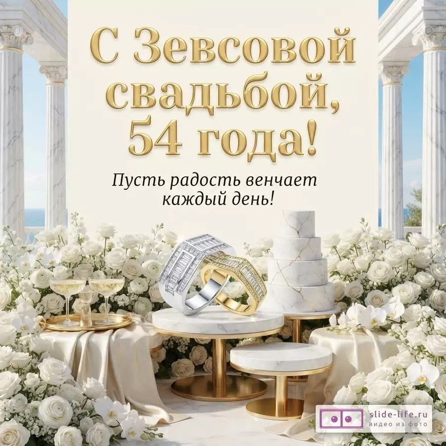 Бежевый фон, белые колонны, белые розы, два бокала шампанского, два кольца, торт. Текст: «С Зевсовой свадьбой, 54 года!», «Пусть радость венчает каждый день!»