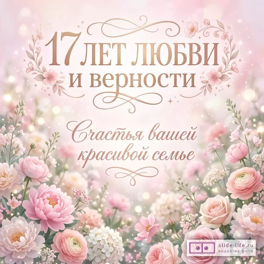Светло-розовый фон с золотистыми бликами, розовыми и белыми цветами, декоративными завитками и надписью «17 ЛЕТ ЛЮБВИ И верности Счастья вашей красивой семье»