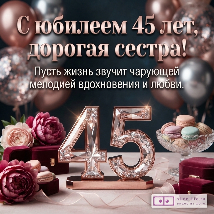Темно-синий фон, розово-золотые и серебряные шары, розовые цветы, макаруны, цифры «45» из розового золота с бриллиантами. Текст: «С юбилеем 45 лет, дорогая сестра! Пусть жизнь звучит чарующей мелодией вдохновения и любви.»