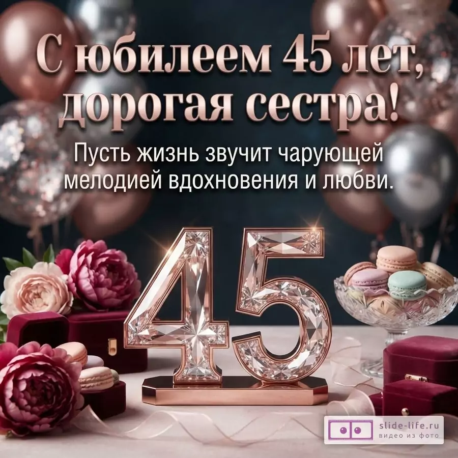 Темно-синий фон, розово-золотые и серебряные шары, розовые цветы, макаруны, цифры «45» из розового золота с бриллиантами. Текст: «С юбилеем 45 лет, дорогая сестра! Пусть жизнь звучит чарующей мелодией вдохновения и любви.»