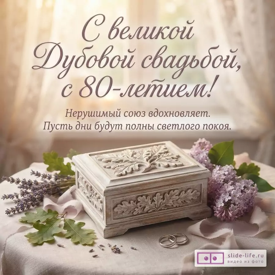 Резная деревянная шкатулка с дубовыми листьями, обручальные кольца и сирень на столе с надписью «С великой Дубовой свадьбой, с 80-летием! Нерушимый союз вдохновляет. Пусть дни будут полны светлого покоя.»