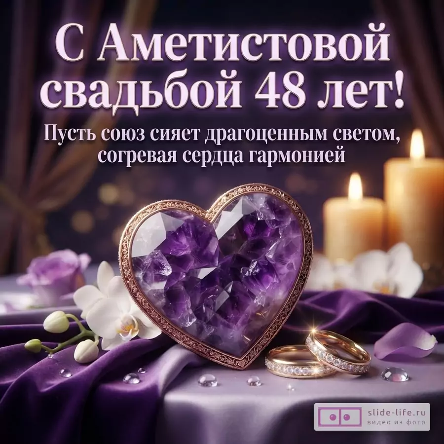 Фиолетовый фон, аметистовое сердце, белые орхидеи, два золотых кольца с бриллиантами, свечи. Текст: «С Аметистовой свадьбой 48 лет! Пусть союз сияет драгоценным светом, согревая сердца гармонией»