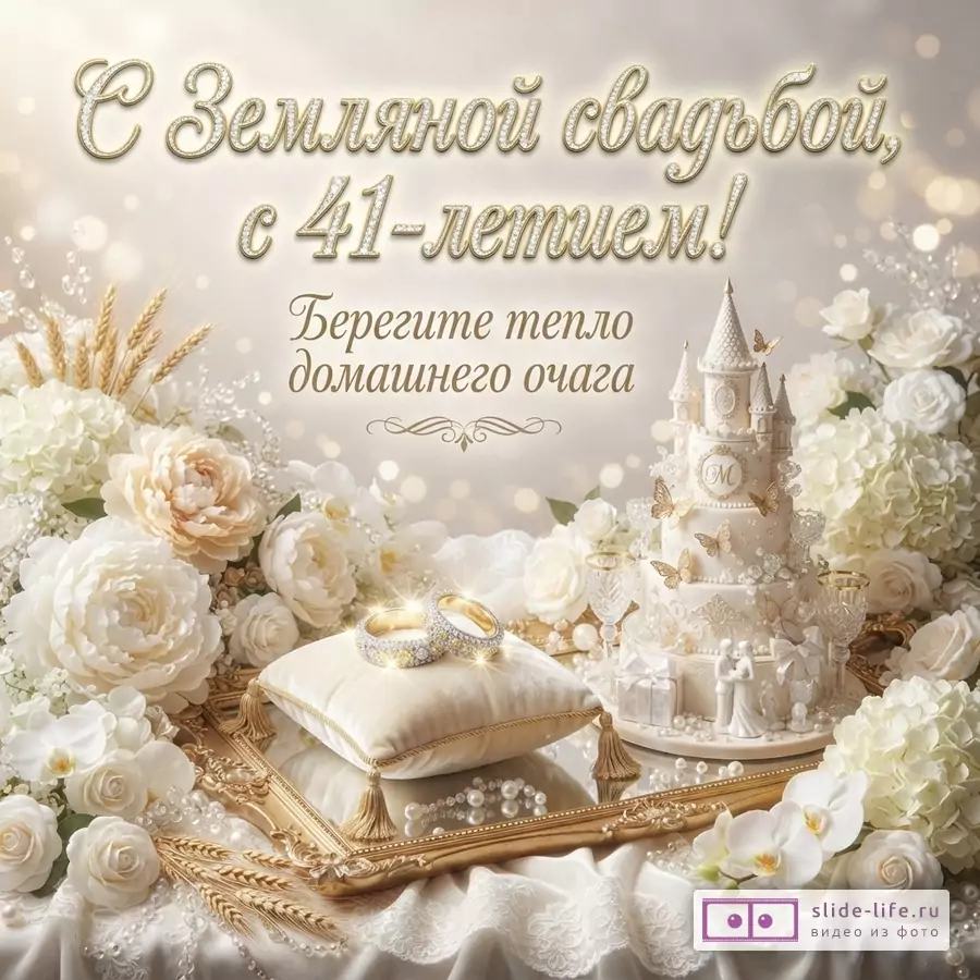 Бежевый фон с боке, белые цветы, золотые колосья, обручальные кольца на подушечке, свадебный торт. Текст: «С Земляной свадьбой, с 41-летием! Берегите тепло домашнего очага»