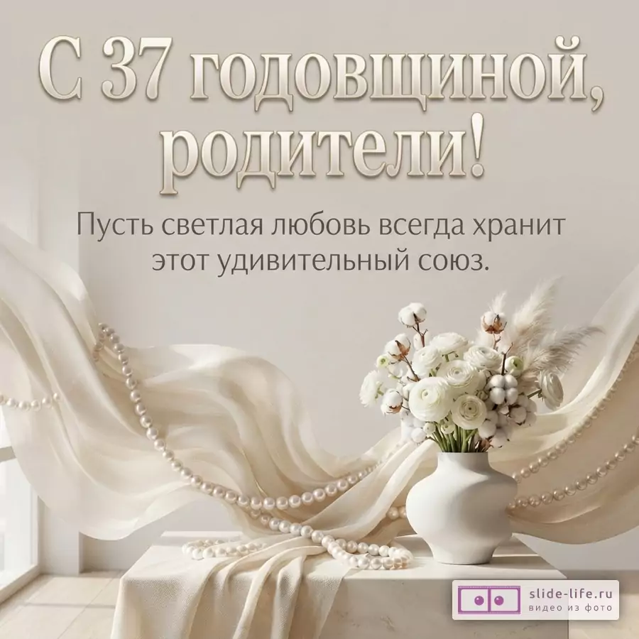Бежевый фон, бежевая драпировка, жемчужные бусы, белая ваза с белыми цветами и хлопком. Текст «С 37 годовщиной, родители! Пусть светлая любовь всегда хранит этот удивительный союз.»