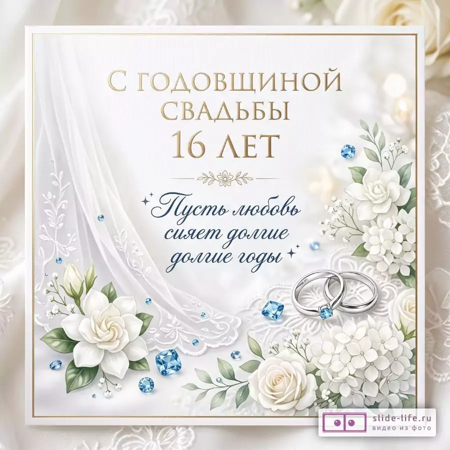Белоснежная свадебная открытка с бежево-золотым фоном, белыми цветами, обручальными кольцами и голубыми кристаллами; текст «С годовщиной свадьбы 16 лет. Пусть любовь сияет дольше долгие годы»