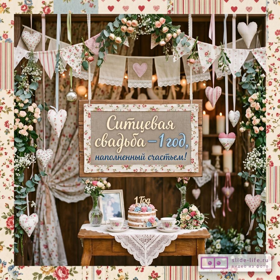 Ситцевая свадьба: 1 год счастья — Открытка с поздравлением