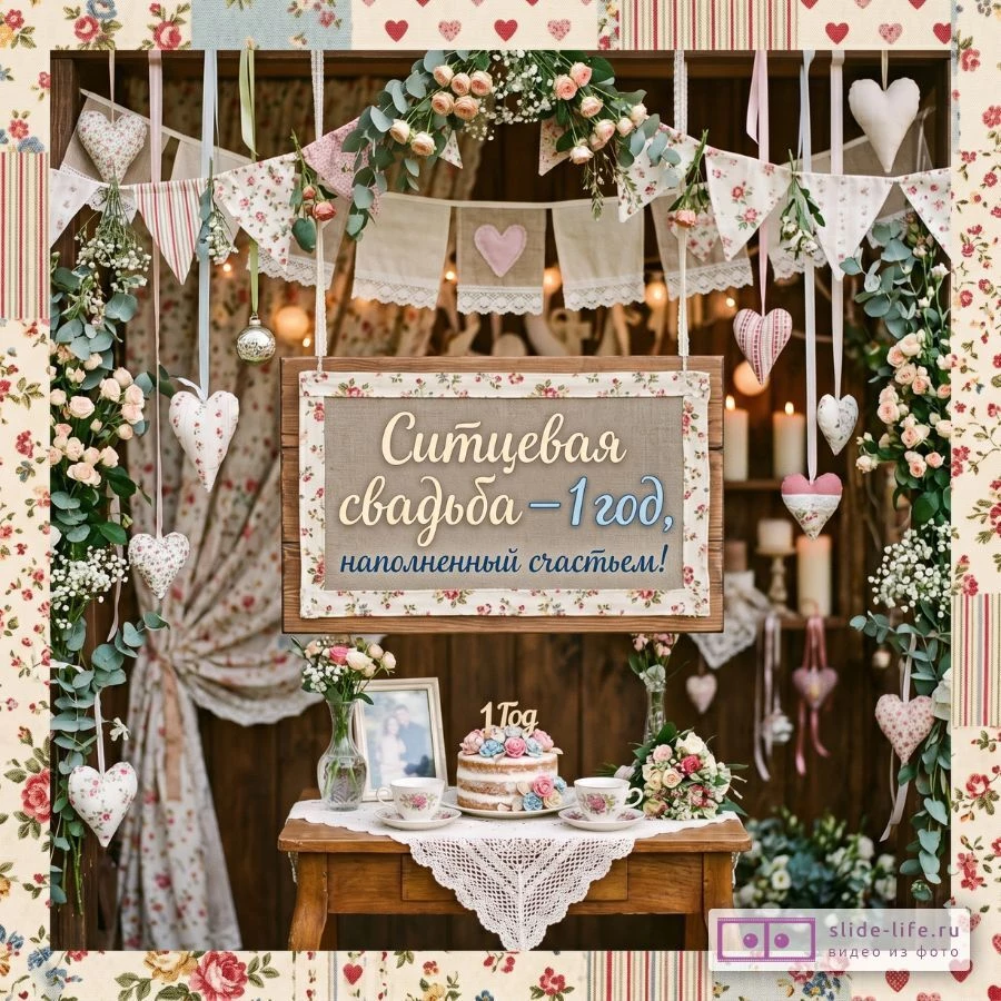 Ситцевая свадьба: 1 год счастья — Открытка с поздравлением