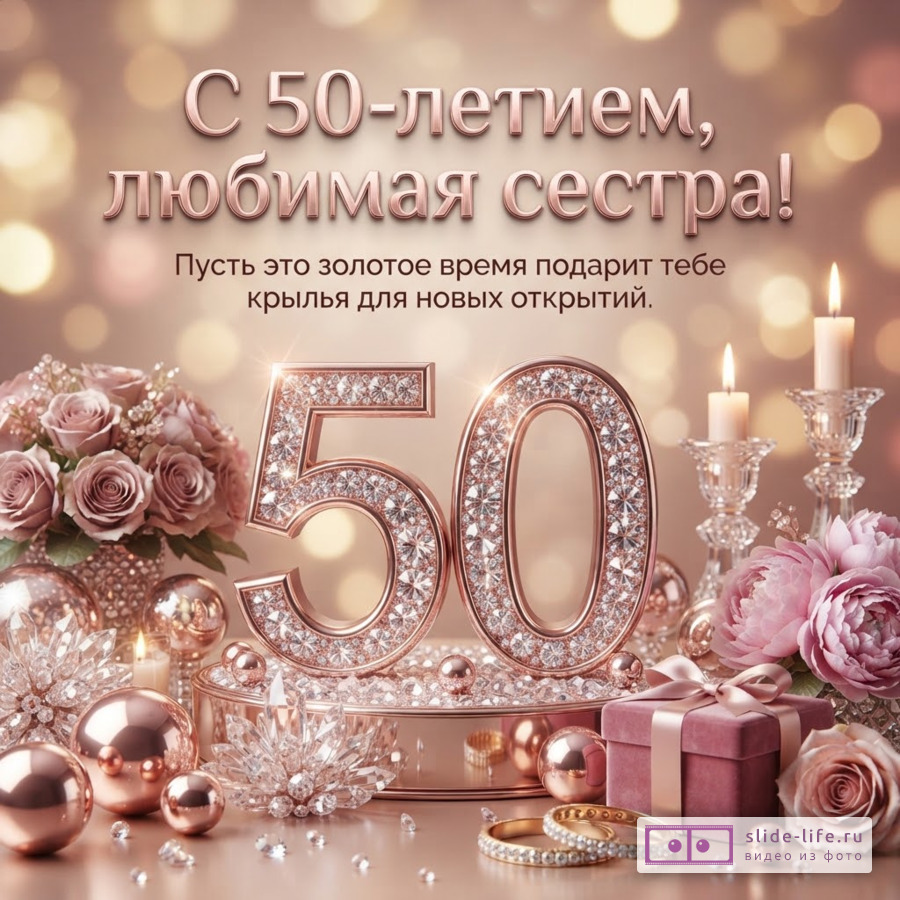 Открытка с фоном боке, розово-золотые цифры «50» с бриллиантами, букеты роз, свечи, подарки, кольца. Текст: «С 50-летием, любимая сестра! Пусть это золотое время подарит тебе крылья для новых открытий.»