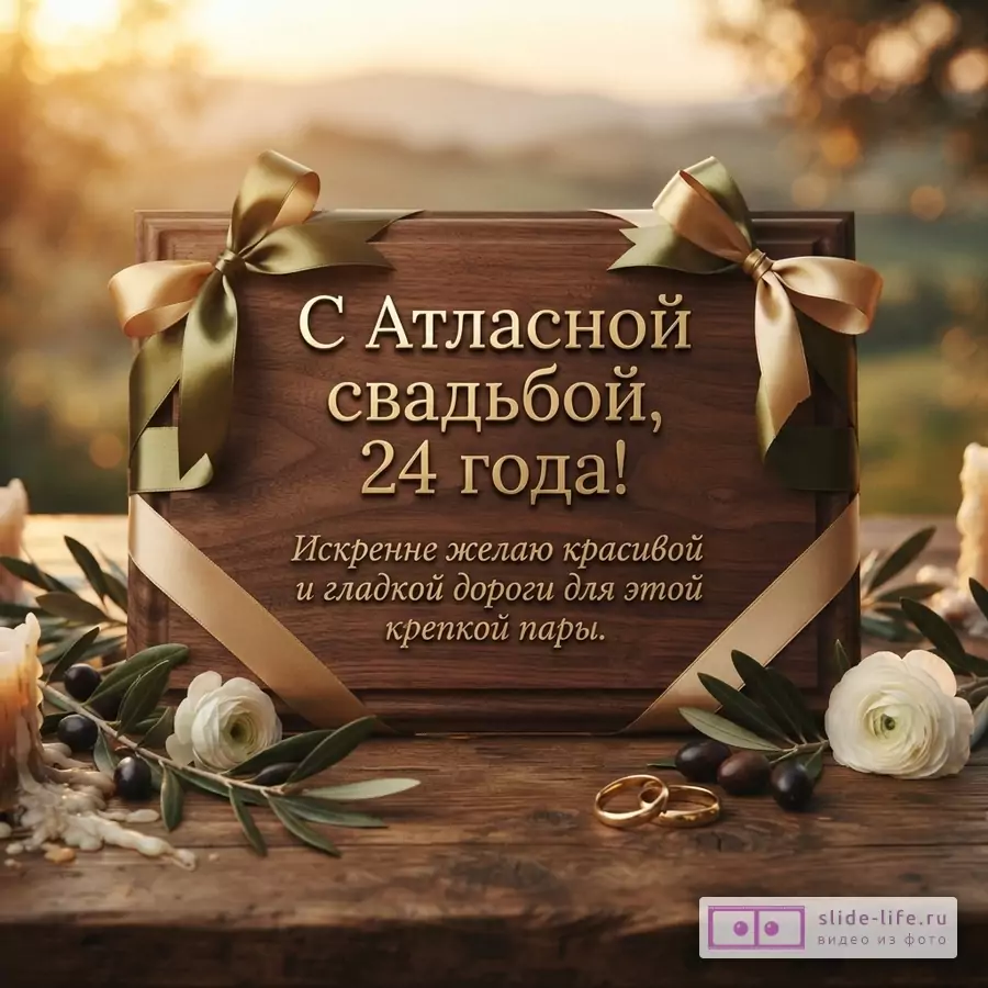 Деревянная табличка с золотыми лентами, цветами, кольцами и надписью «С Атласной свадьбой, 24 года! Искренне желаю красивой и гладкой дороги для этой крепкой пары.» на фоне природы.