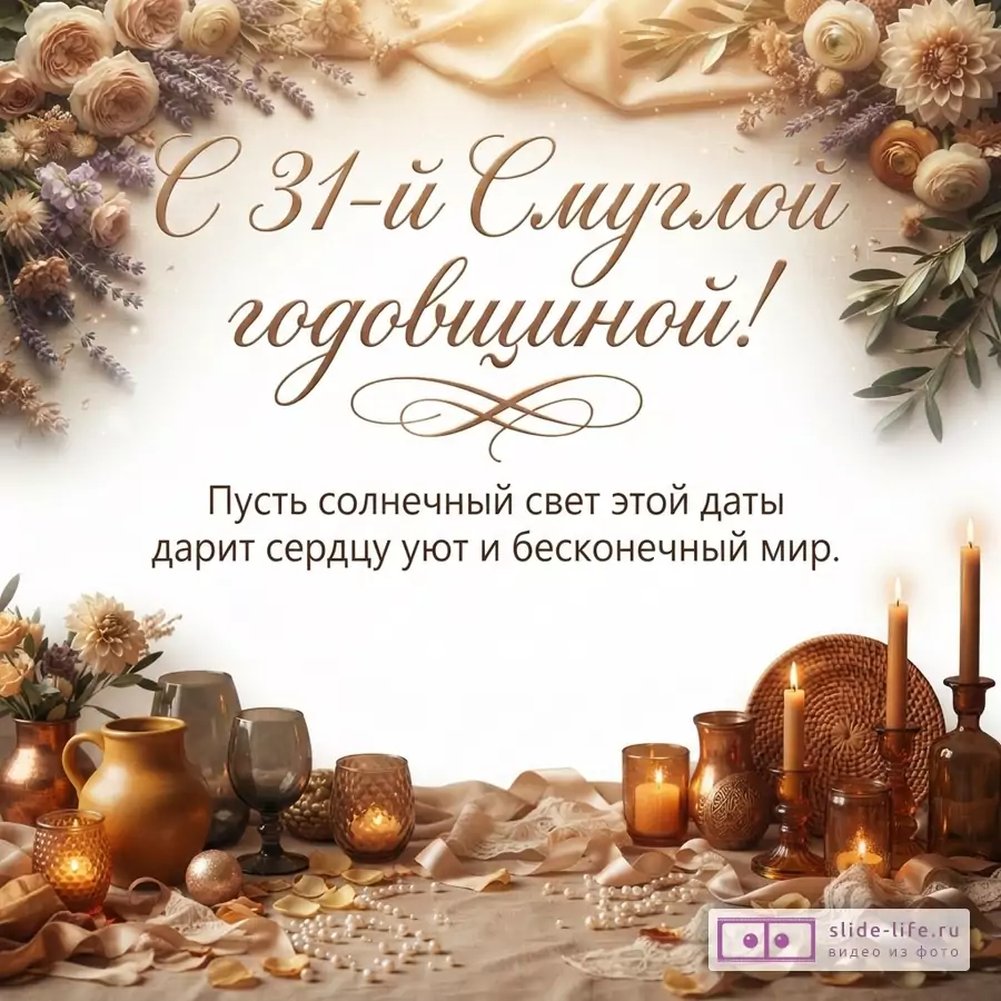 Бежево-золотая открытка с цветами, свечами и декоративными вазами. Текст: «С 31-й Смуглой годовщиной! Пусть солнечный свет этой даты дарит сердцу уют и бесконечный мир.»