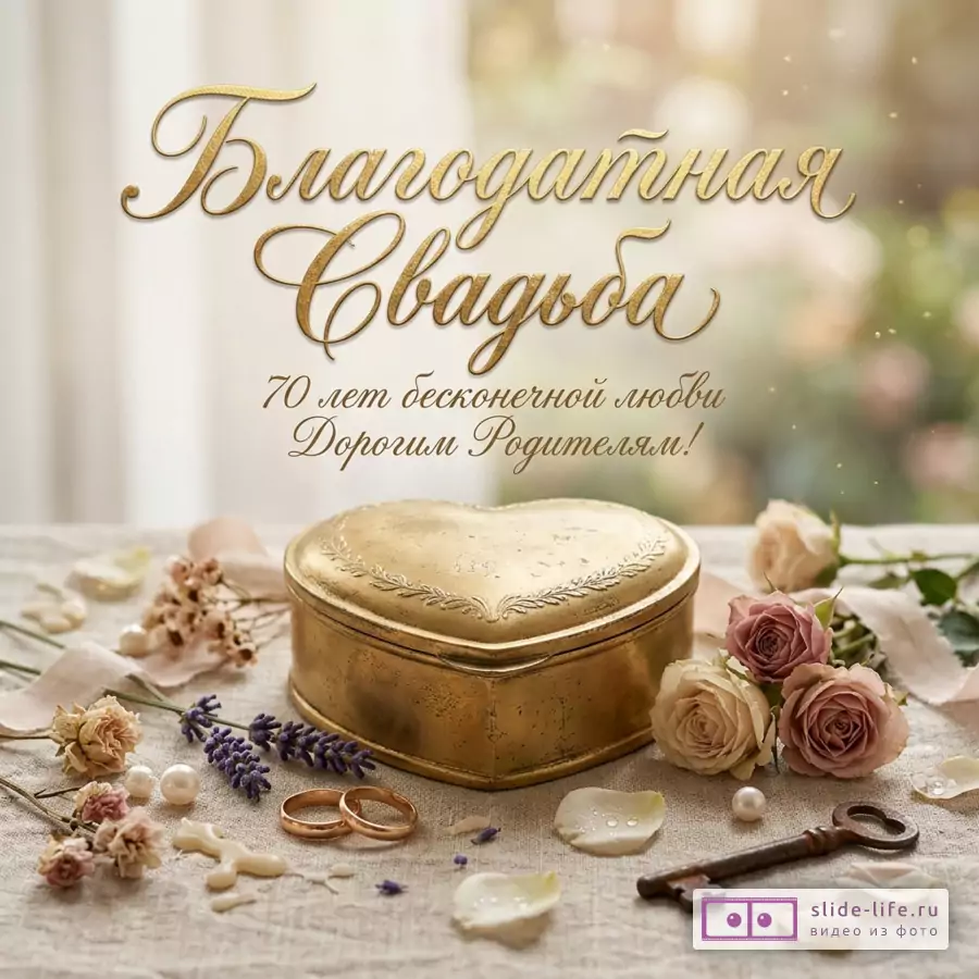 Золотистая шкатулка в форме сердца, обручальные кольца, ключ, розы, лепестки и жемчуг на светлом фоне, текст «Благодатная Свадьба 70 лет бесконечной любви Дорогим Родителям!»