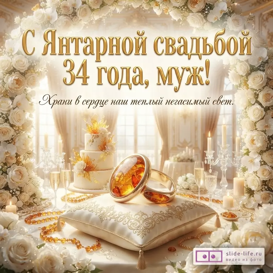 Фон светлый, бежевый. По периметру рамка из белых роз. В центре надпись «С Янтарной свадьбой 34 года, муж! Храни в сердце наш теплый негасимый свет.». На переднем плане подушечка с двумя кольцами из янтаря, янтарные бусы, торт, свечи, бокалы.