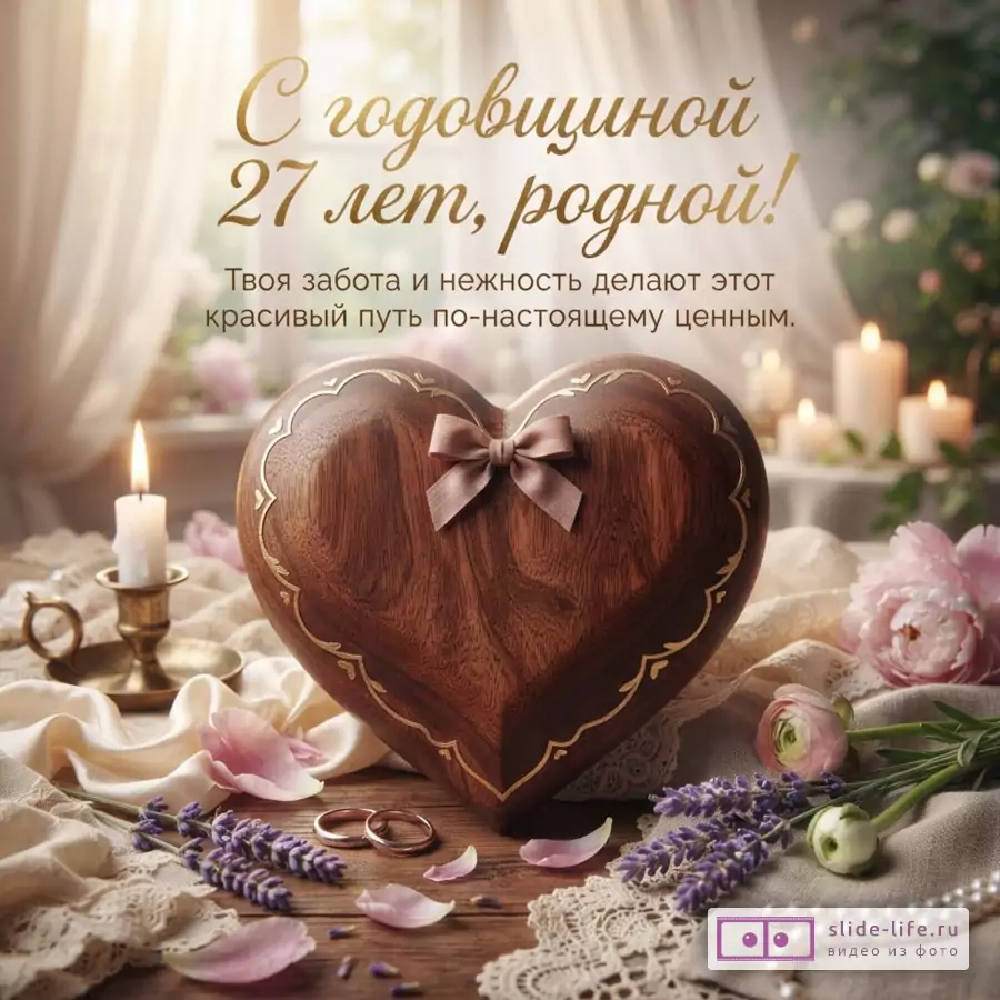 Открытка с золотым текстом на светлом фоне, деревянное сердце с бантом, свечи, цветы, кольца. Текст: «С годовщиной 27 лет, родной! Твоя забота и нежность делают этот красивый путь по-настоящему ценным.»