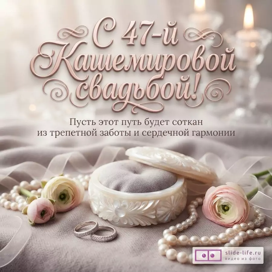 Открытка на Кашемировую свадьбу с текстом «С 47-й Кашемировой свадьбой! Пусть этот путь будет соткан из трепетной заботы и сердечной гармонии». Фон светло-бежевый, сверху две свечи, снизу шкатулка, кольца, жемчуг и цветы.